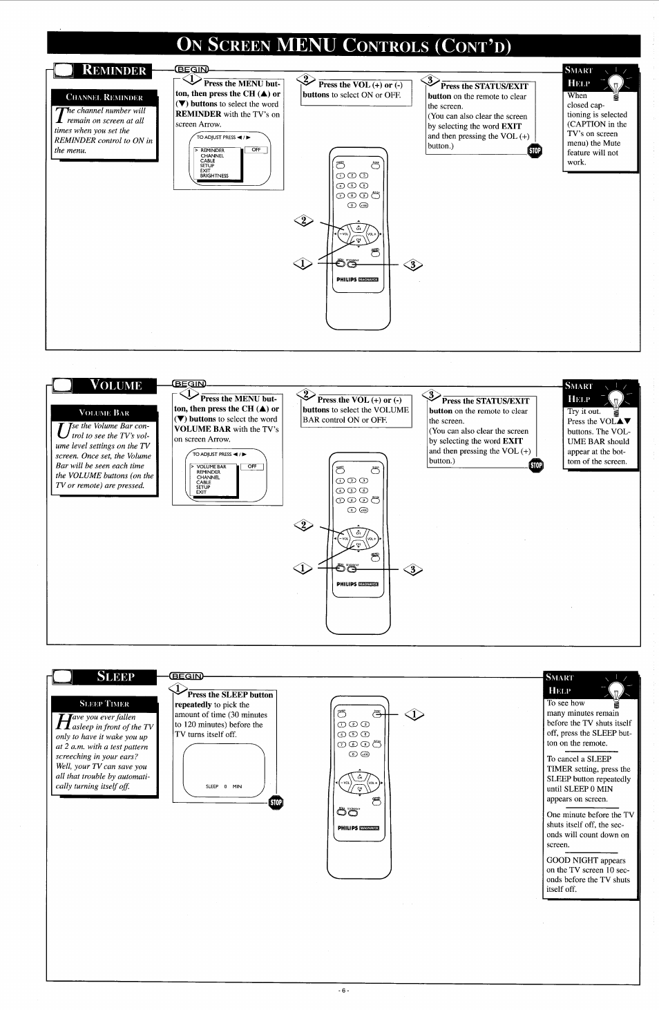 On screen menu controls (cont’d), Reminder, Volume | Sleep, Menu c, Creen, Ontrols, I---tbeqlnu | Philips PR1908C User Manual | Page 6 / 8