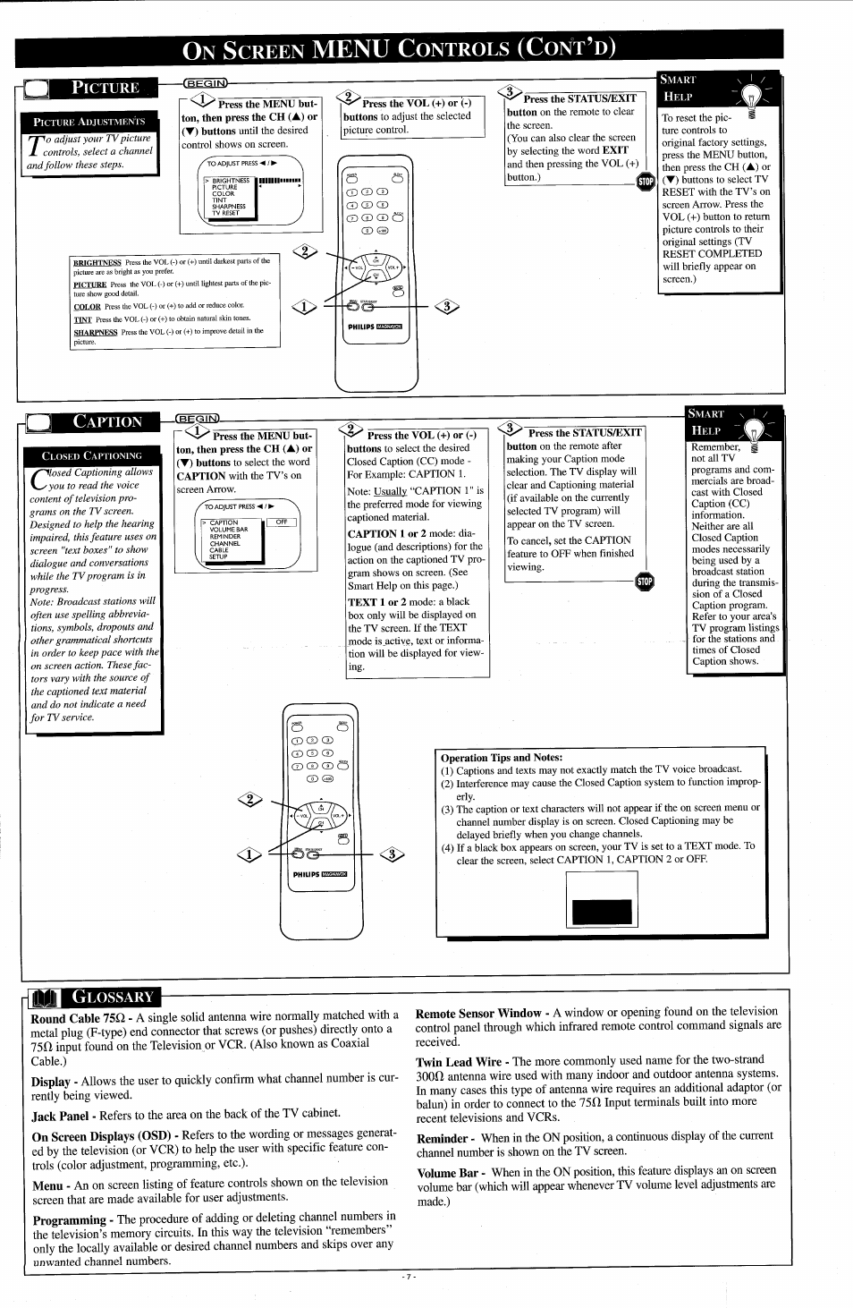 On screen menu controls (cont’d), Picture, Caption | Glossary, Menu, Creen, Ontrols | Philips PR1908C User Manual | Page 7 / 8