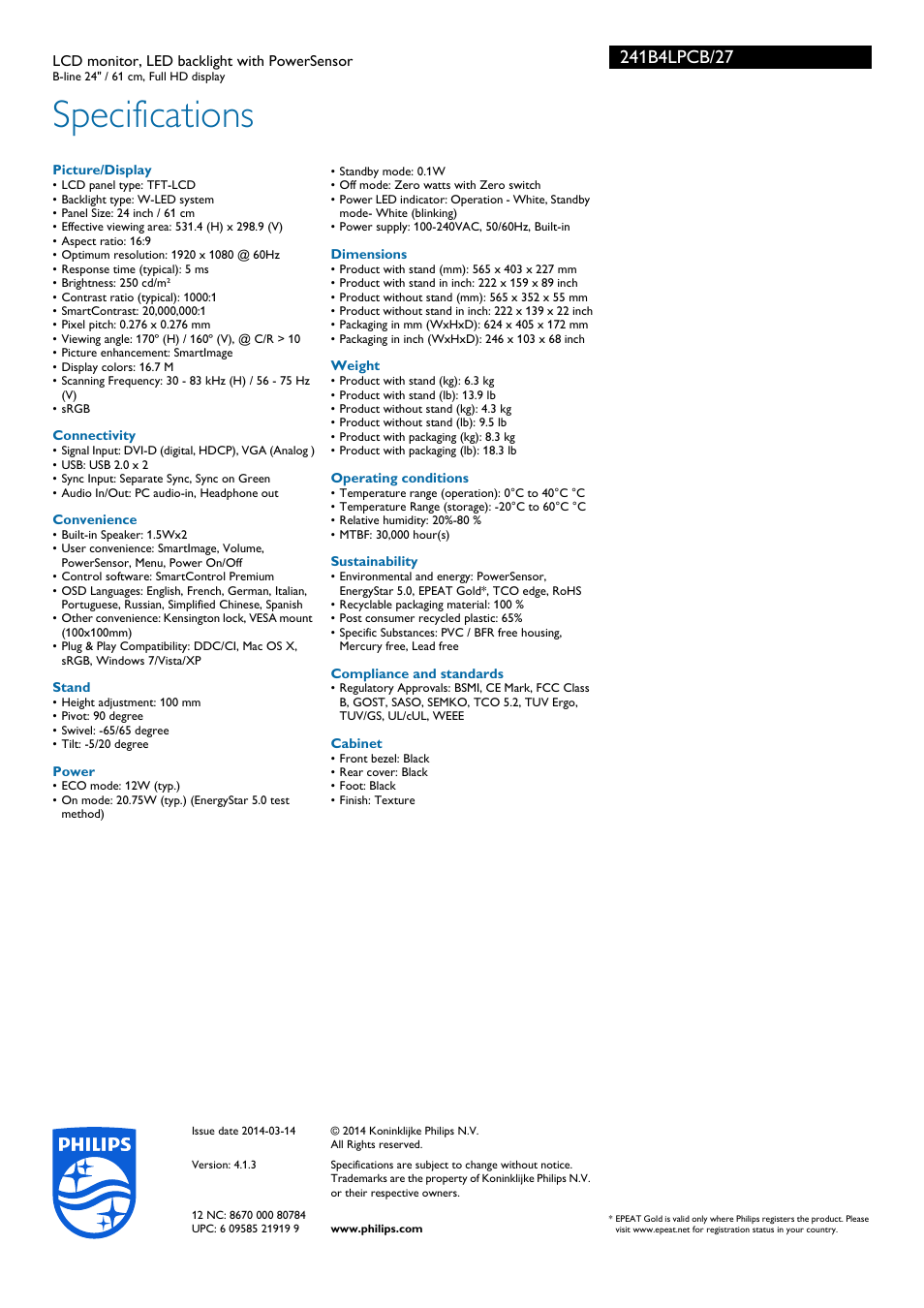 Specifications | Philips 241B4LPCB-27 User Manual | Page 3 / 3