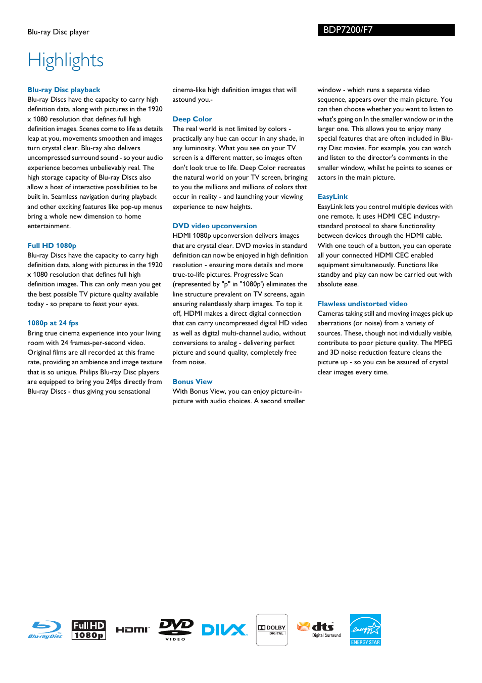 Highlights | Philips BDP7200-F7E User Manual | Page 2 / 3