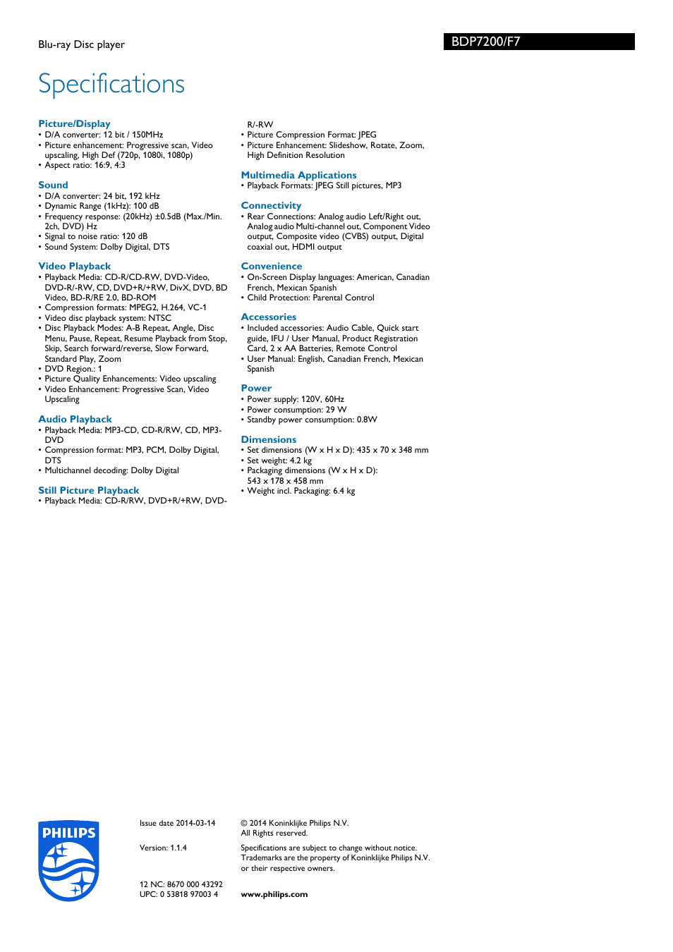 Specifications | Philips BDP7200-F7E User Manual | Page 3 / 3