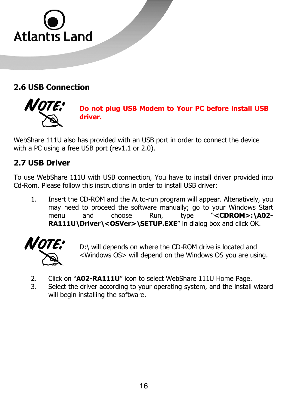 Atlantis Land 111U User Manual | Page 16 / 98