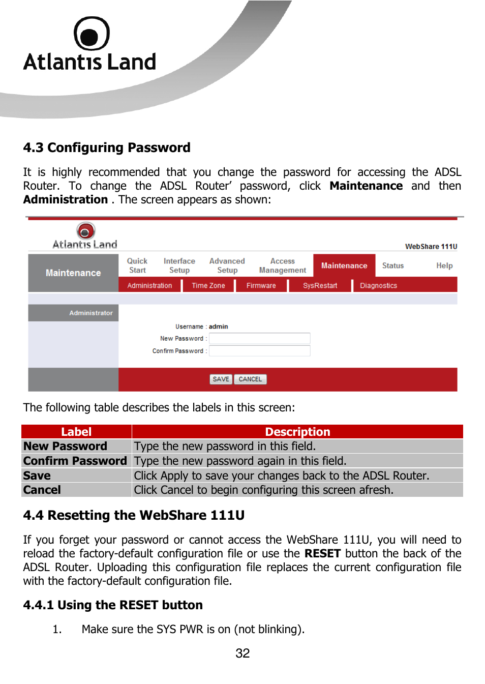 Atlantis Land 111U User Manual | Page 32 / 98