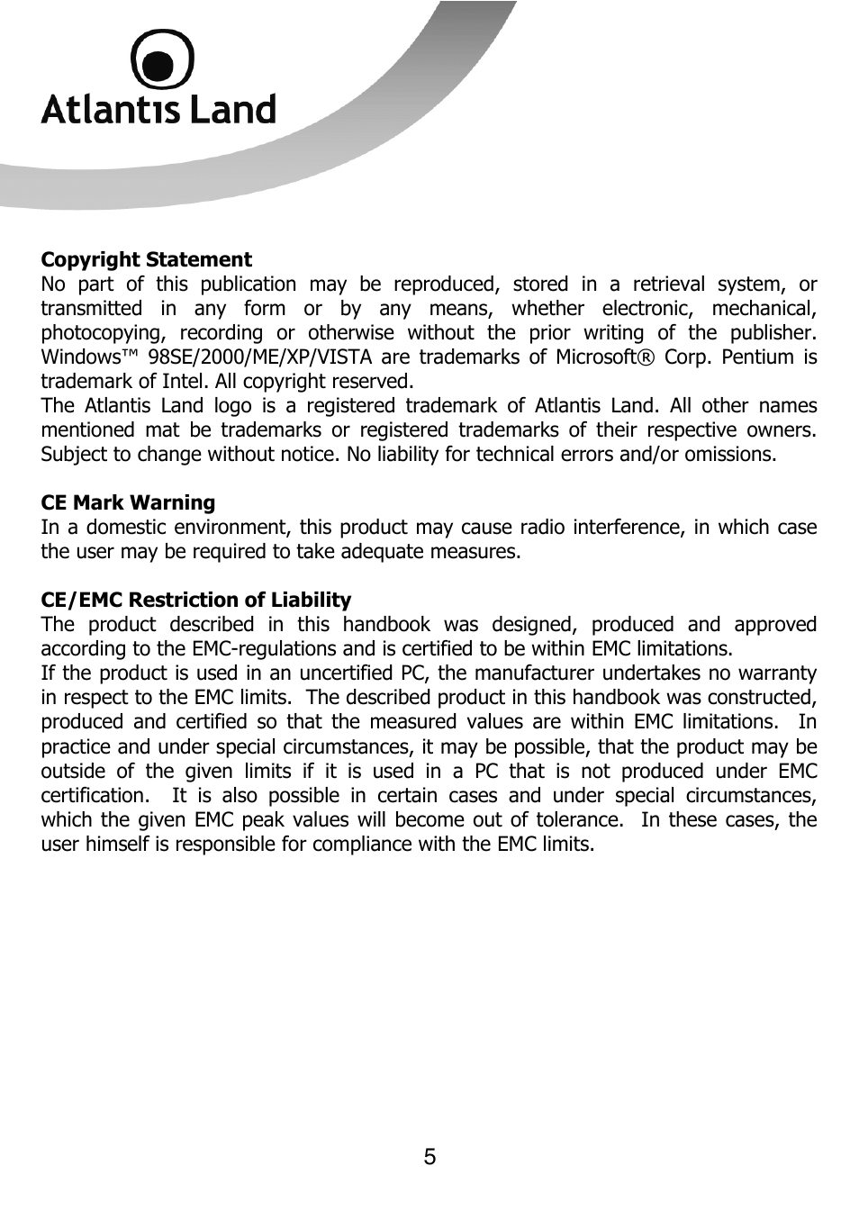 Atlantis Land 111U User Manual | Page 5 / 98