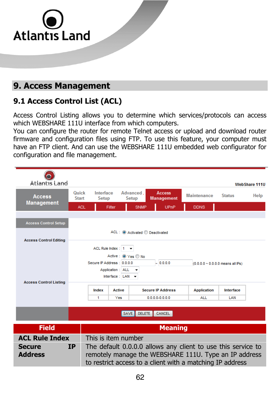 Access management | Atlantis Land 111U User Manual | Page 62 / 98