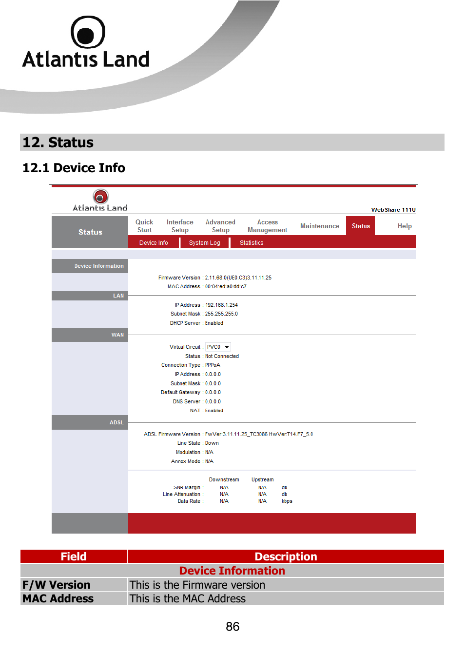 Status | Atlantis Land 111U User Manual | Page 86 / 98