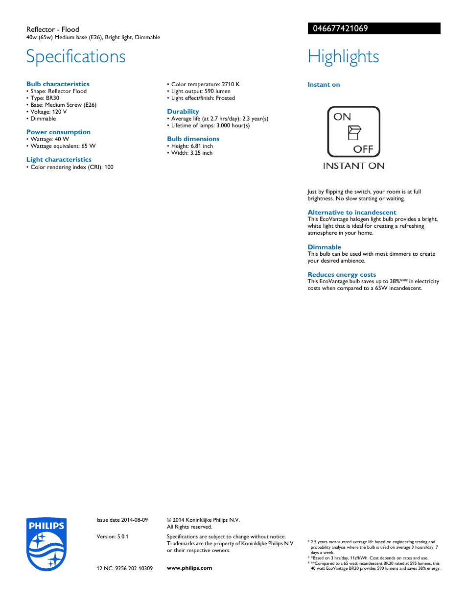 Specifications, Highlights | Philips 046677421069 User Manual | Page 2 / 2