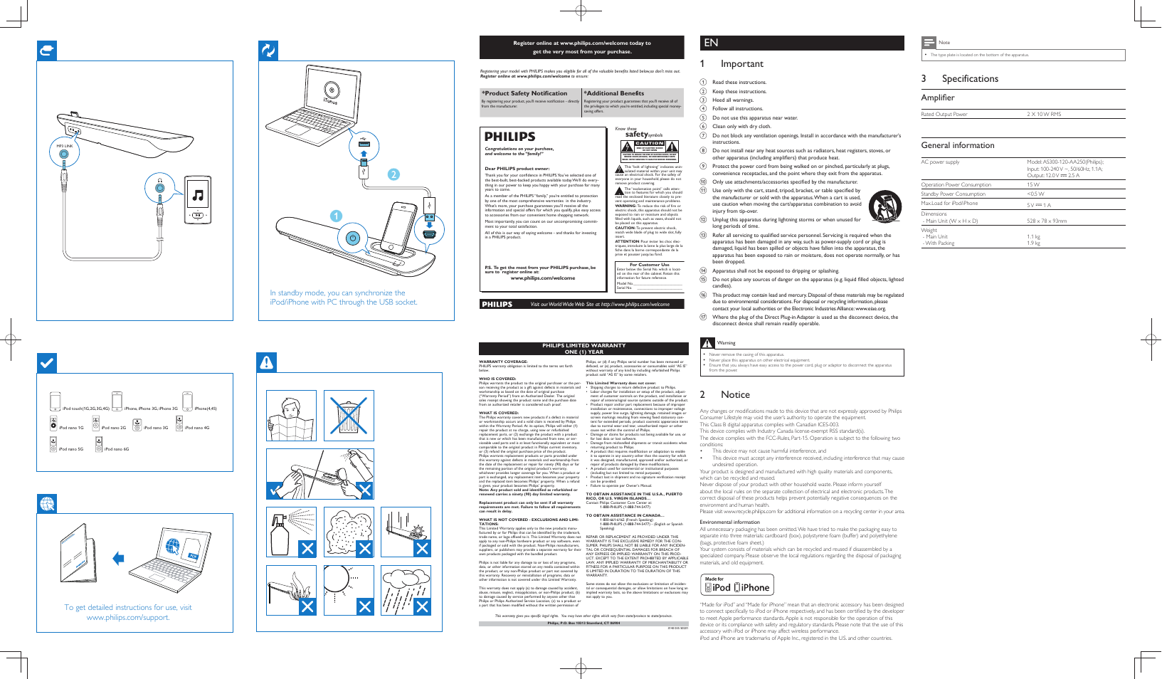 1 important, 2 notice, 3 specifications | Amplifi er, General information, Safety, Product safety notification *additional benefits | Philips DS6100-37 User Manual | Page 2 / 2