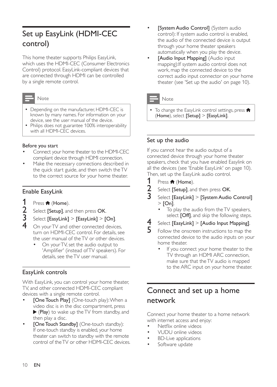 Set up easylink (hdmi-cec control), Connect and set up a home network | Philips HTS3541-F7 User Manual | Page 12 / 70