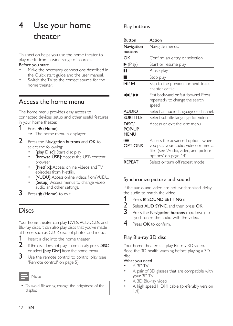 4 use your home theater, Access the home menu, Discs | Philips HTS3541-F7 User Manual | Page 14 / 70