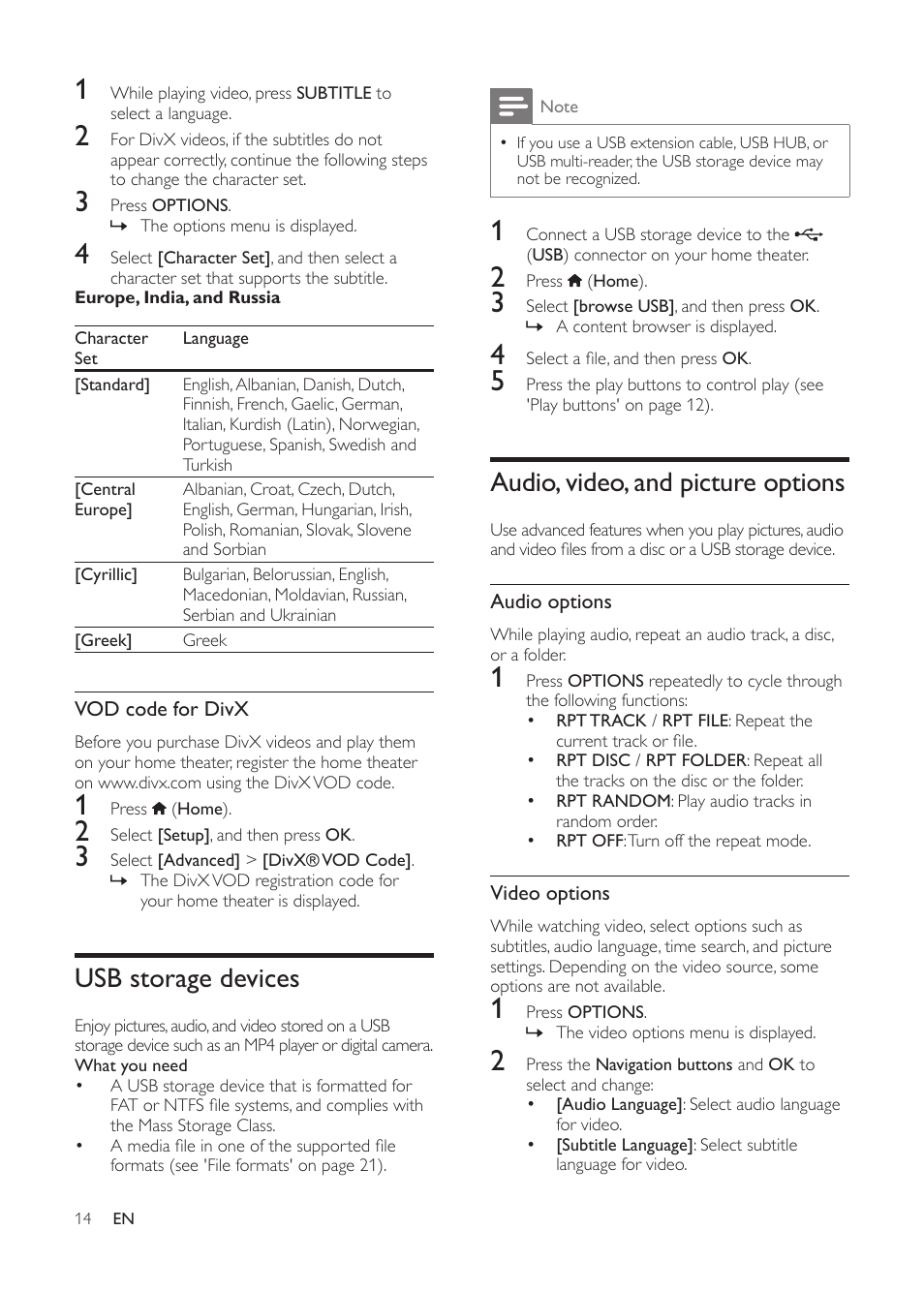 Usb storage devices, Audio, video, and picture options | Philips HTS3541-F7 User Manual | Page 16 / 70