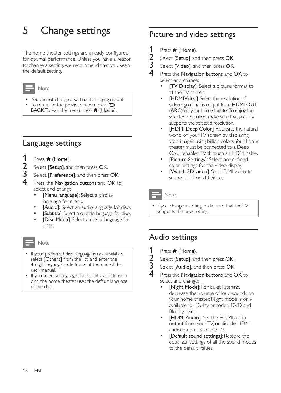 5 change settings, Language settings, Picture and video settings | Audio settings | Philips HTS3541-F7 User Manual | Page 20 / 70
