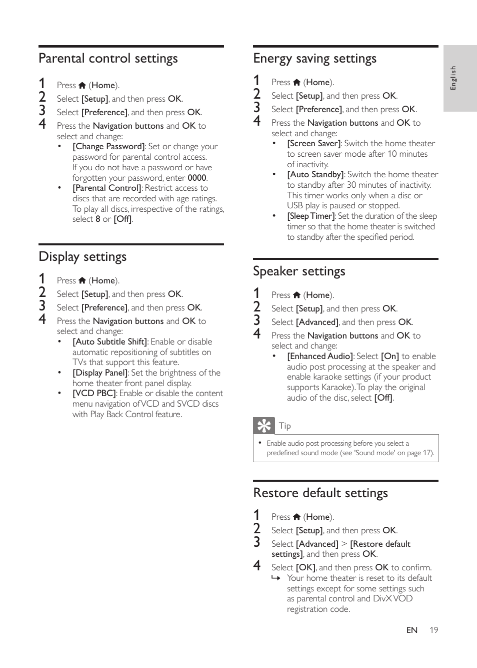 Parental control settings, Display settings, Energy saving settings | Speaker settings, Restore default settings | Philips HTS3541-F7 User Manual | Page 21 / 70