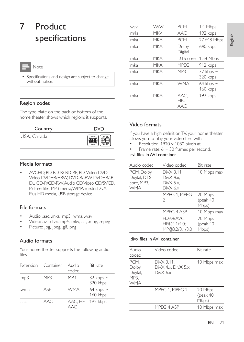 7 product specifications | Philips HTS3541-F7 User Manual | Page 23 / 70