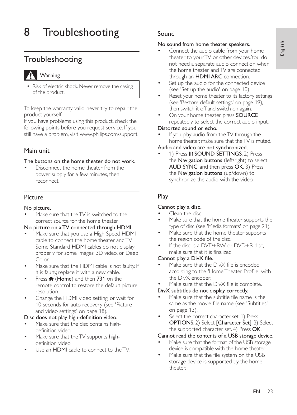 8 troubleshooting, Troubleshooting | Philips HTS3541-F7 User Manual | Page 25 / 70