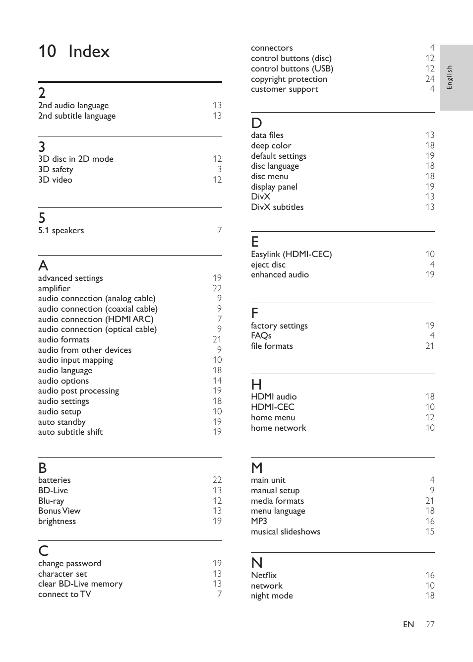 10 index | Philips HTS3541-F7 User Manual | Page 29 / 70