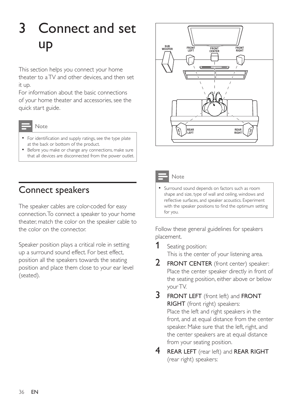 3 connect and set up, Connect speakers | Philips HTS3541-F7 User Manual | Page 38 / 70