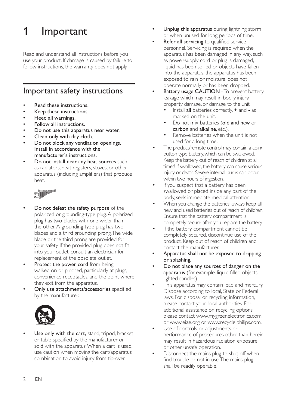 1 important, Important safety instructions | Philips HTS3541-F7 User Manual | Page 4 / 70