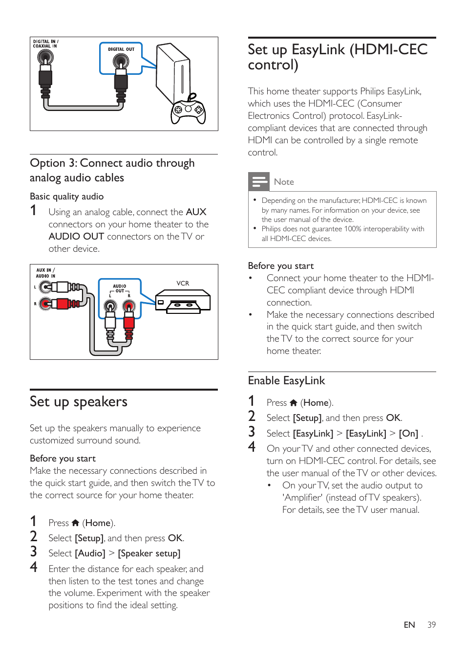 Set up speakers, Set up easylink (hdmi-cec control), Hdmi-cec is a feature that enables | Philips HTS3541-F7 User Manual | Page 41 / 70