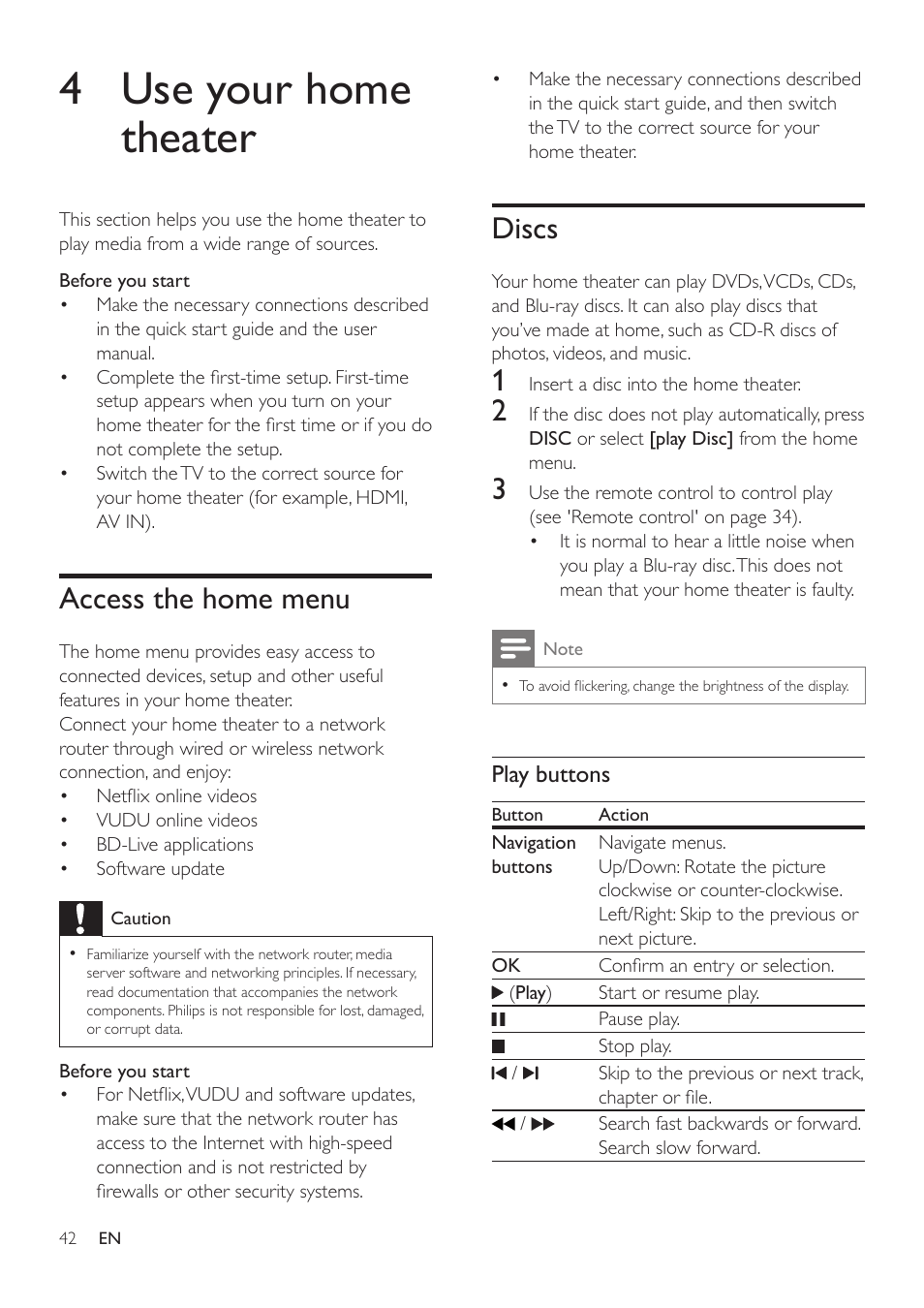 4 use your home theater, Access the home menu, Discs | Philips HTS3541-F7 User Manual | Page 44 / 70