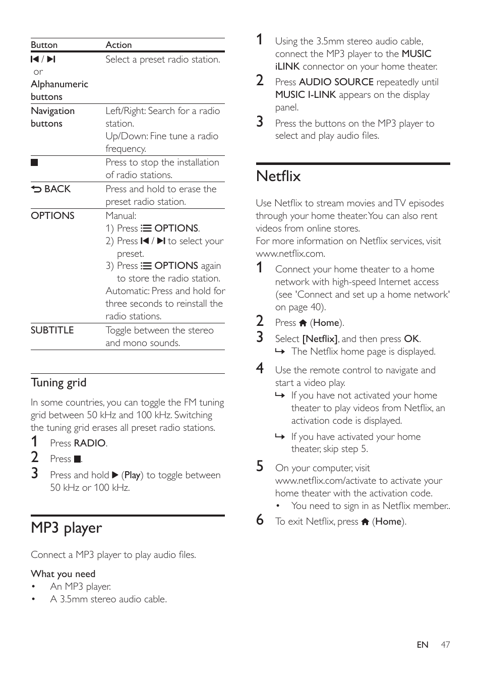 Mp3 player, Netflix | Philips HTS3541-F7 User Manual | Page 49 / 70