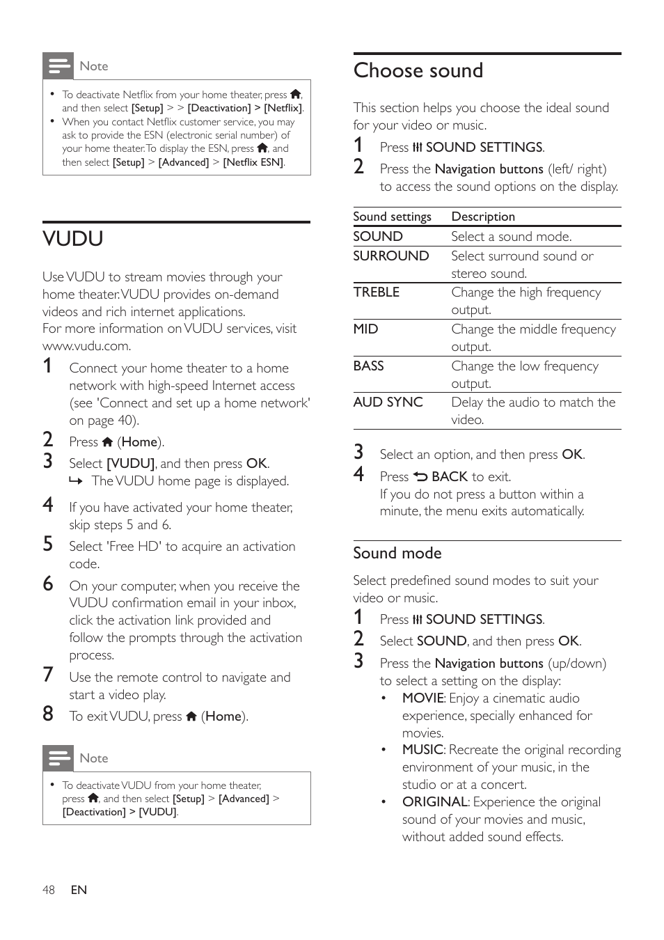 Vudu, Choose sound | Philips HTS3541-F7 User Manual | Page 50 / 70