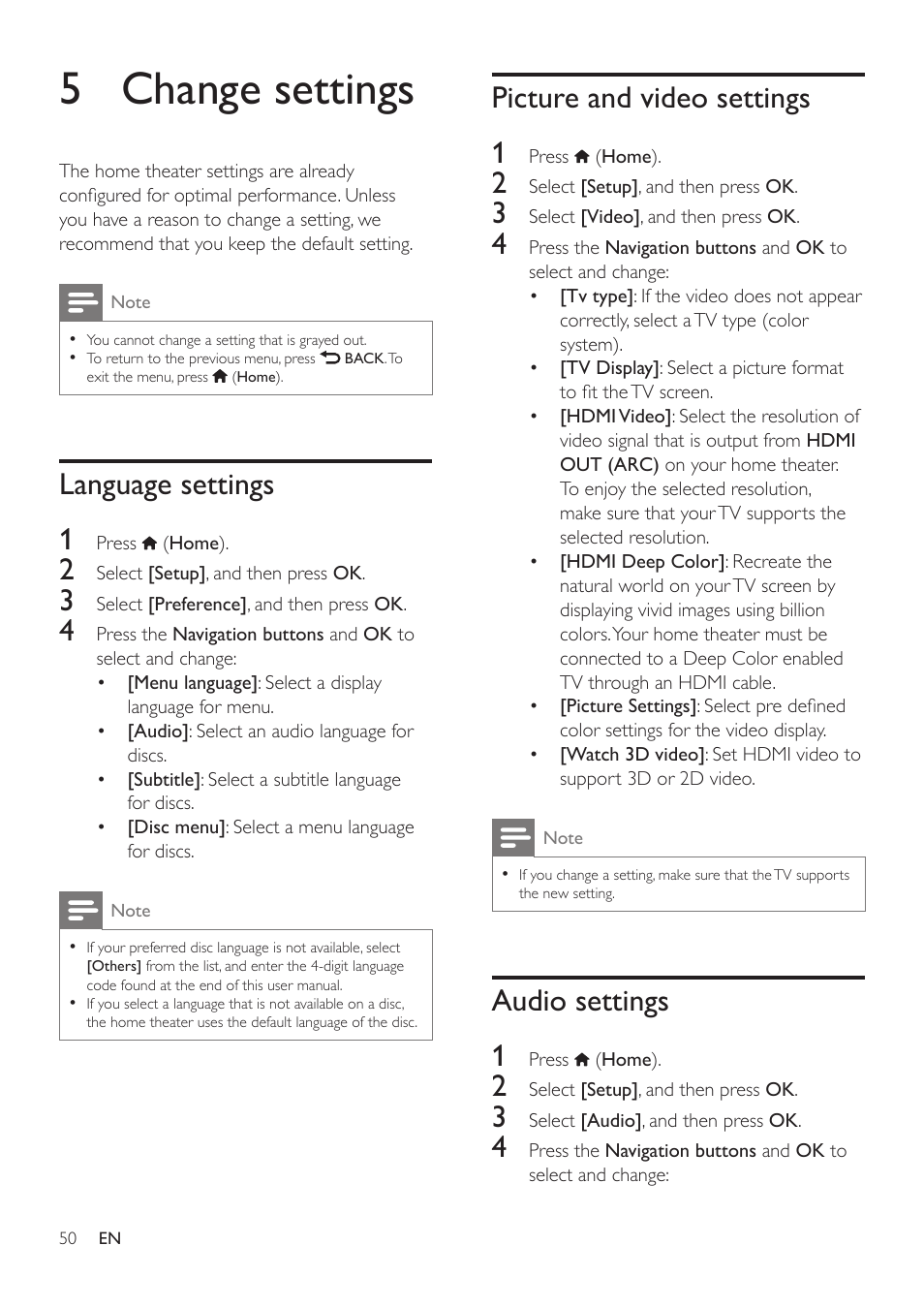 5 change settings, Language settings, Picture and video settings | Audio settings, Language settings 1, Picture and video settings 1, Audio settings 1 | Philips HTS3541-F7 User Manual | Page 52 / 70