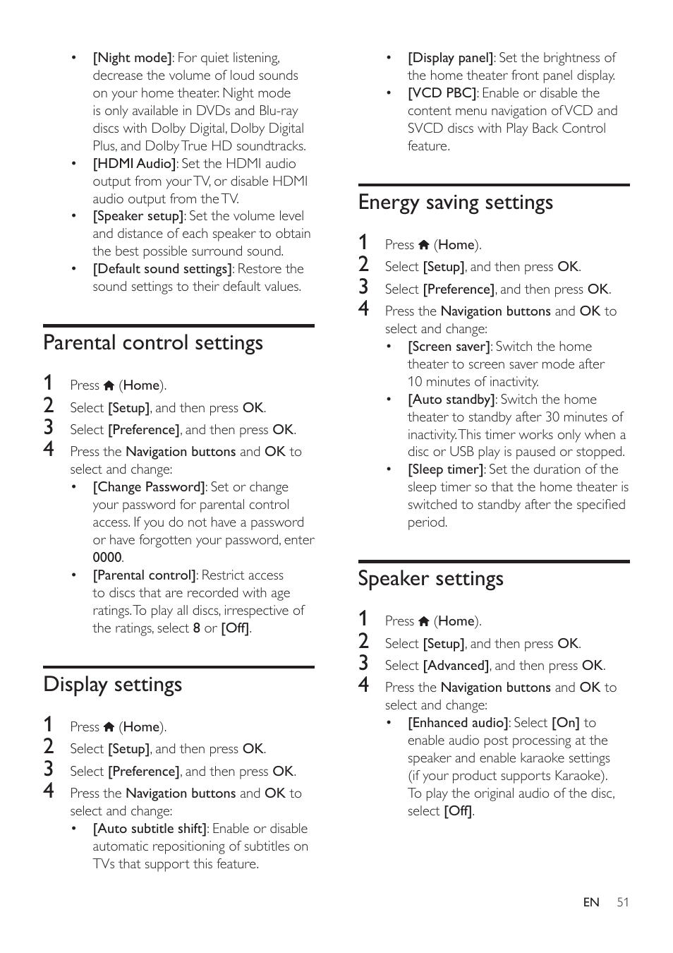 Parental control settings, Display settings, Energy saving settings | Speaker settings, Parental control settings 1, Display settings 1, Energy saving settings 1, Speaker settings 1 | Philips HTS3541-F7 User Manual | Page 53 / 70