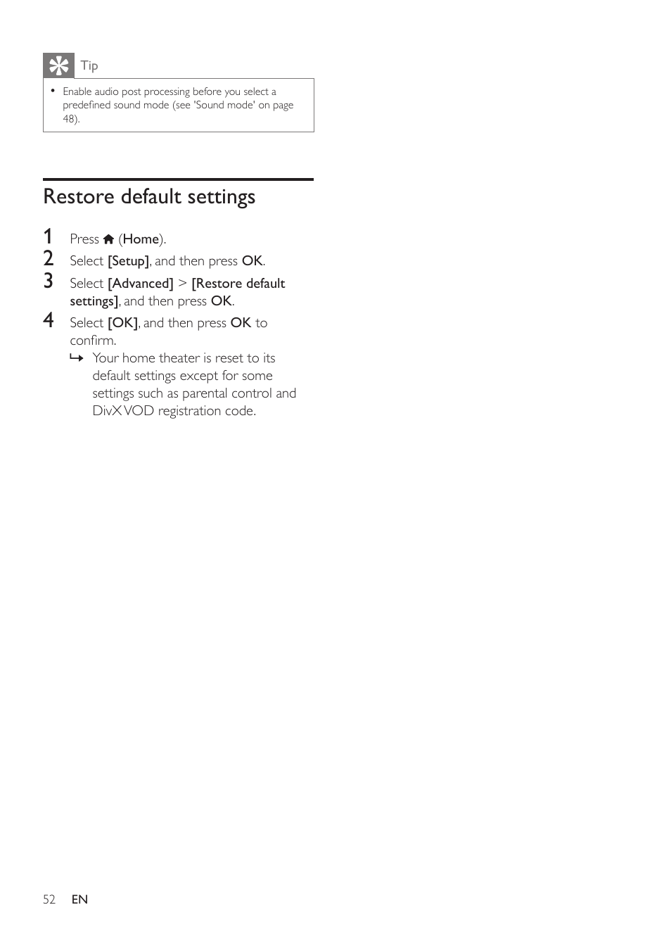 Restore default settings, Restore default settings 1 | Philips HTS3541-F7 User Manual | Page 54 / 70