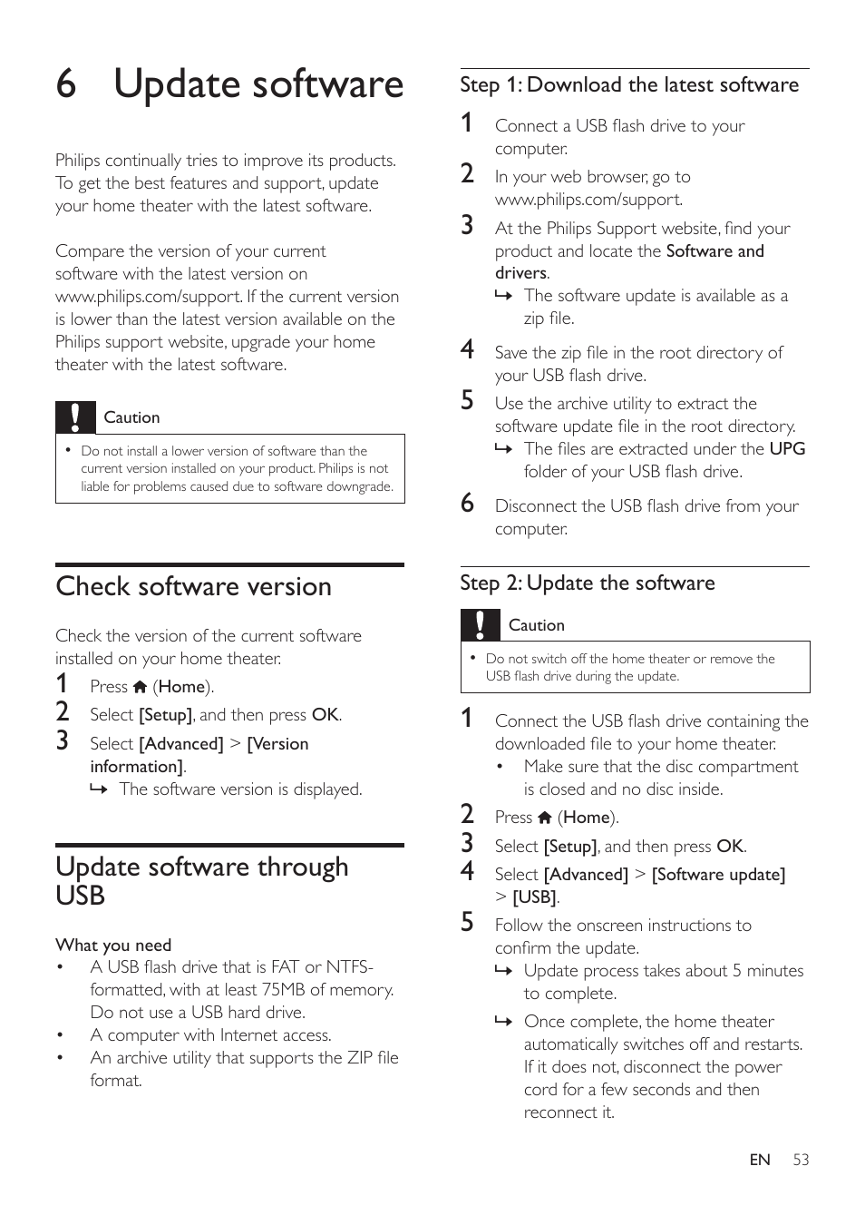 6 update software, Check software version, Update software through usb | Philips HTS3541-F7 User Manual | Page 55 / 70