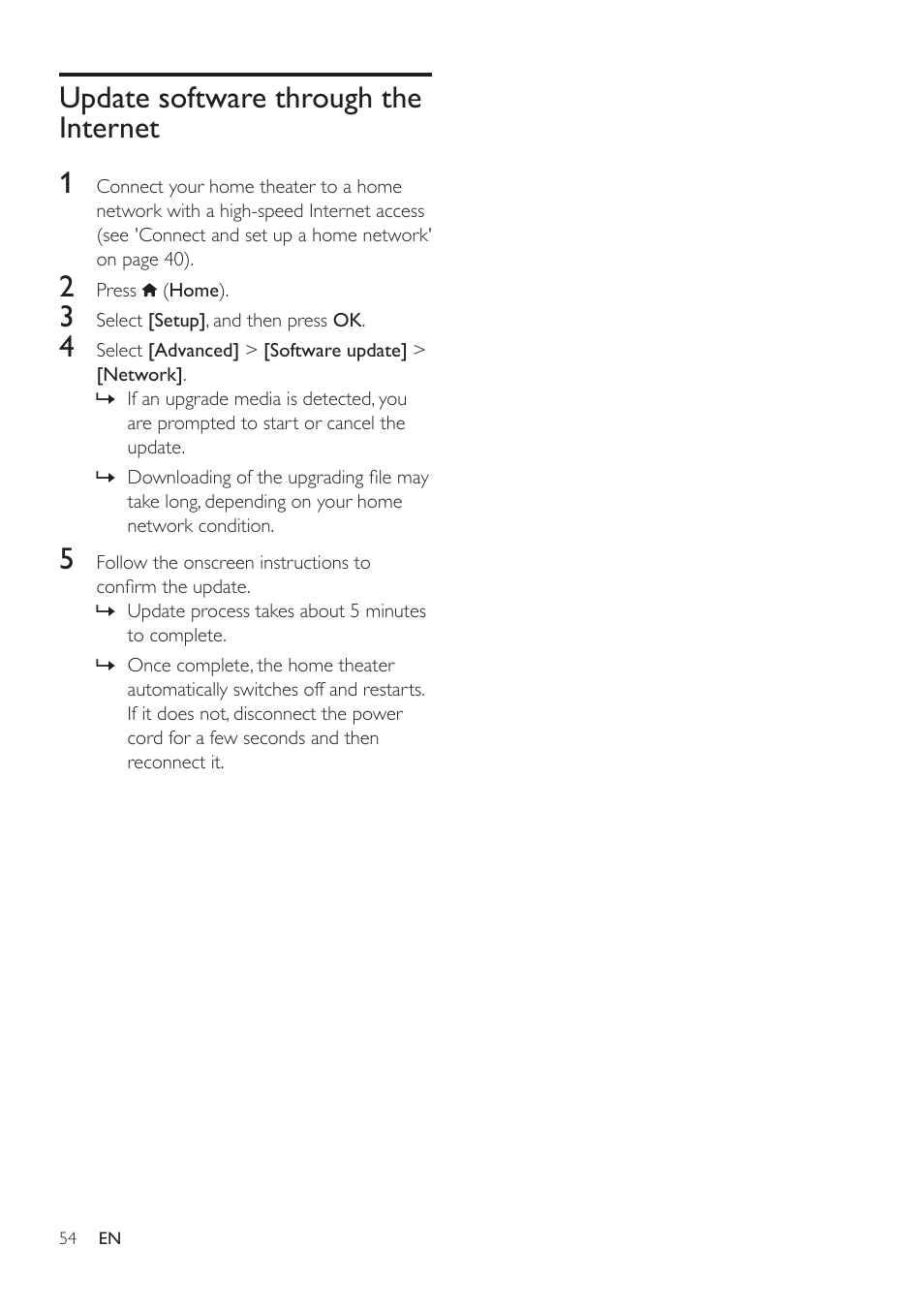 Update software through the internet, Update software through the internet 53 | Philips HTS3541-F7 User Manual | Page 56 / 70