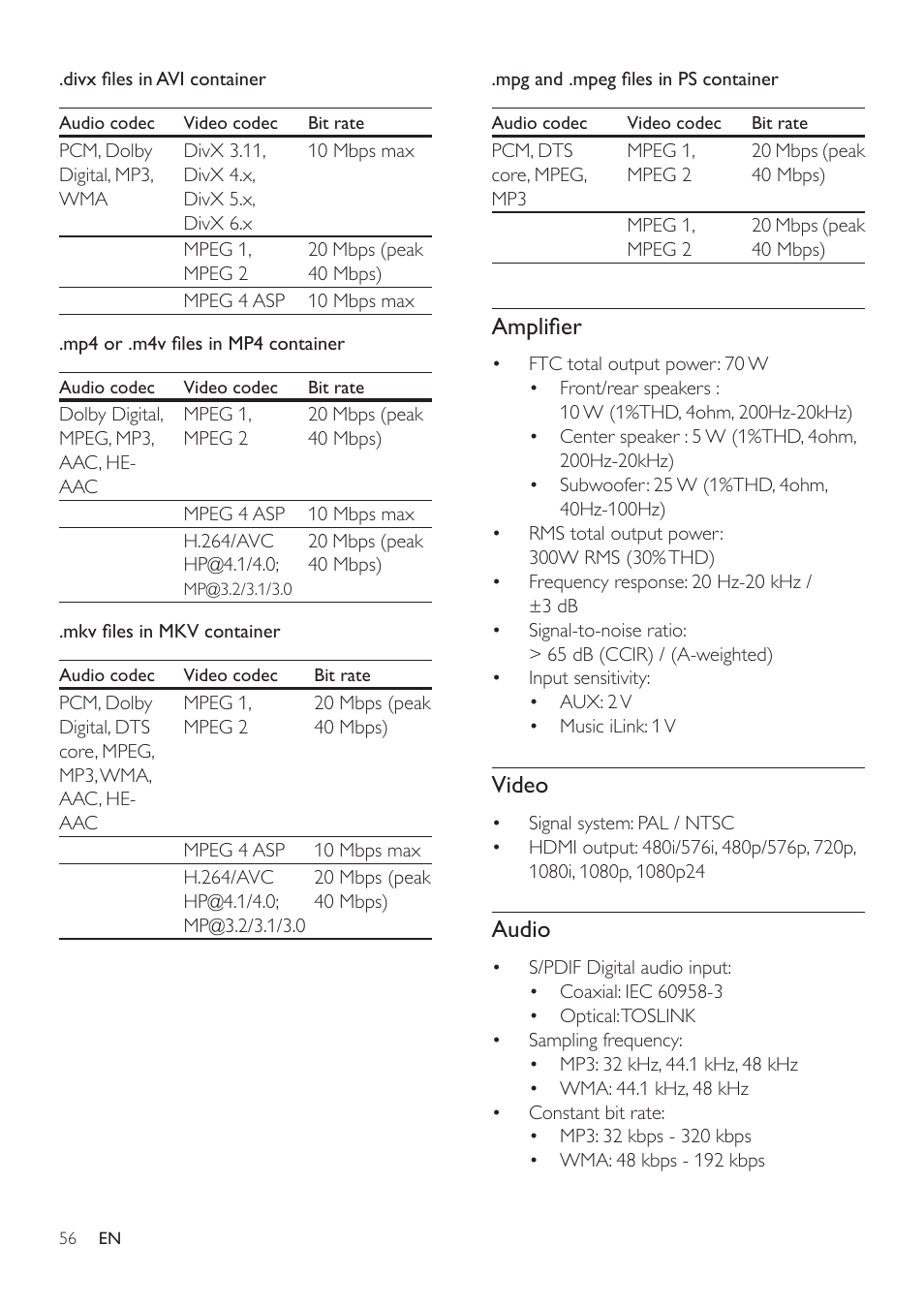 Amplifier, Video, Audio | Philips HTS3541-F7 User Manual | Page 58 / 70