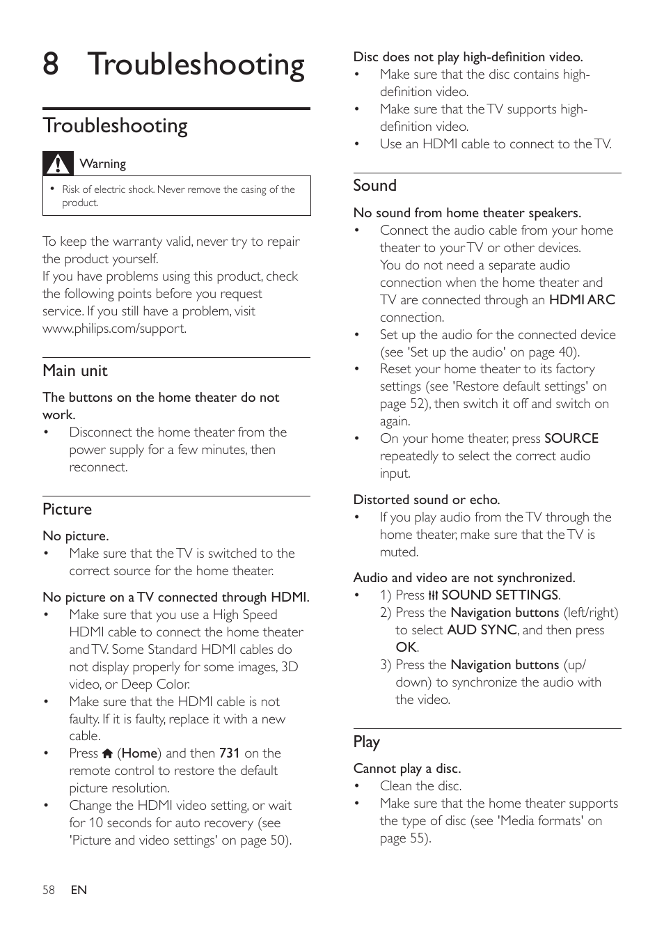 8 troubleshooting, Troubleshooting, Main unit | Picture, Sound, Play | Philips HTS3541-F7 User Manual | Page 60 / 70