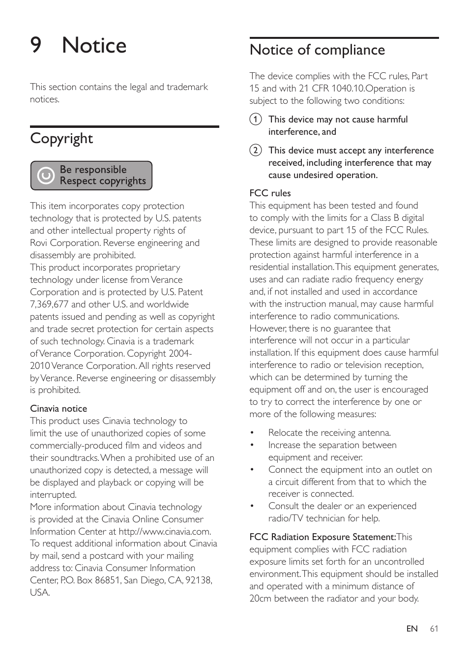 9 notice, Copyright, Notice of compliance | Philips HTS3541-F7 User Manual | Page 63 / 70
