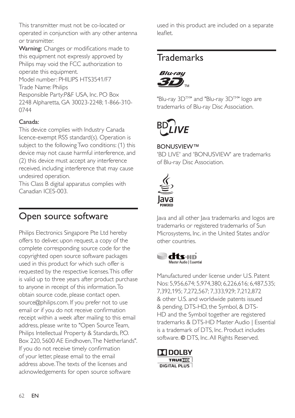 Open source software, Trademarks | Philips HTS3541-F7 User Manual | Page 64 / 70