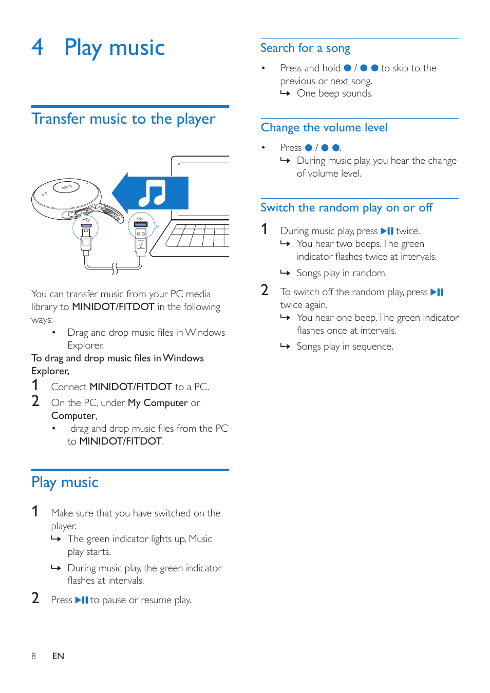 4 play music, Transfer music to the player, Play music | Search for a song, Change the volume level, Switch the random play on or off | Philips SA5DOT04ONS-37 User Manual | Page 10 / 16