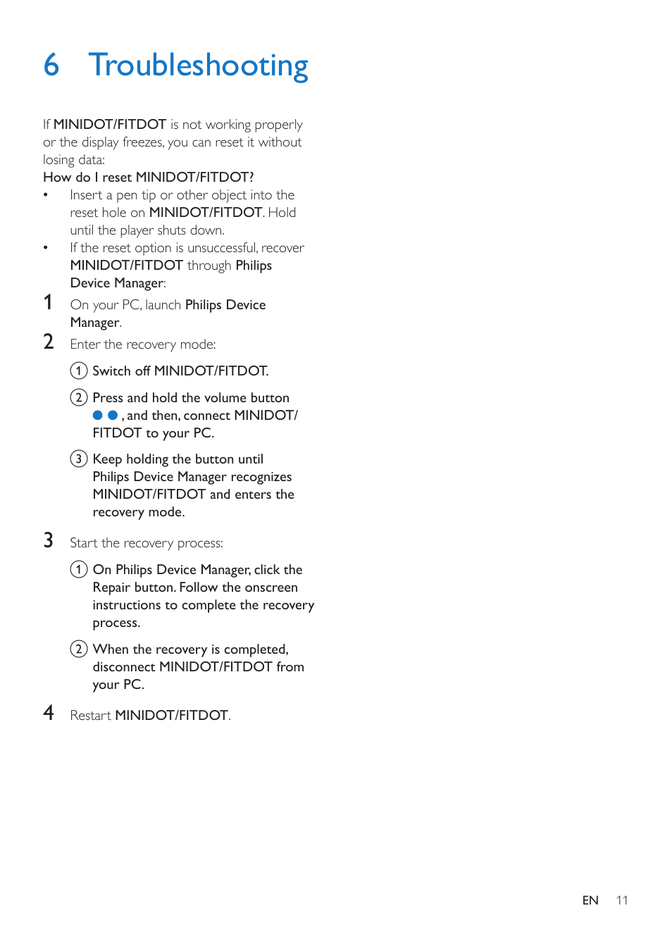 6 troubleshooting | Philips SA5DOT04ONS-37 User Manual | Page 13 / 16