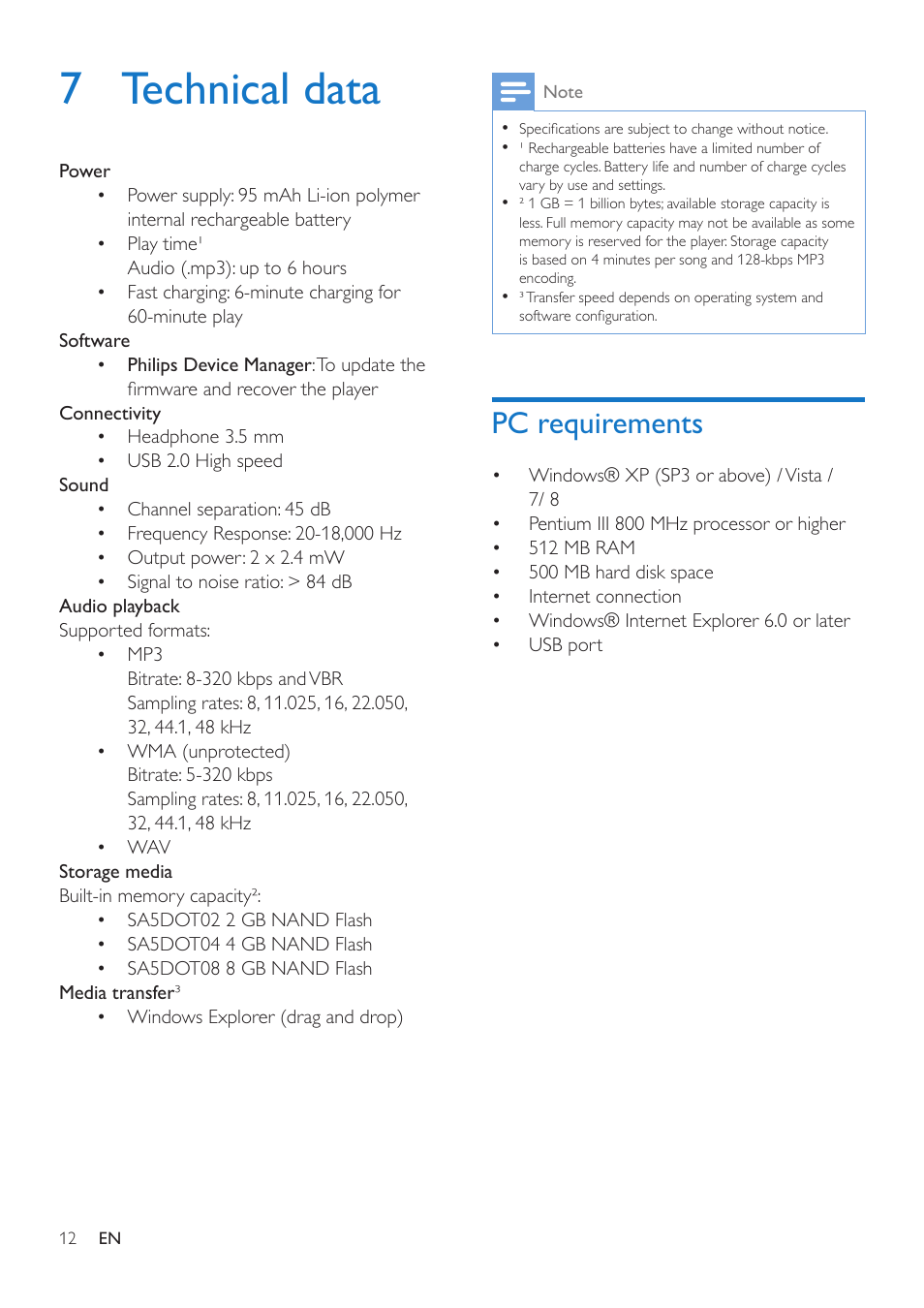 7 technical data, Pc requirements | Philips SA5DOT04ONS-37 User Manual | Page 14 / 16