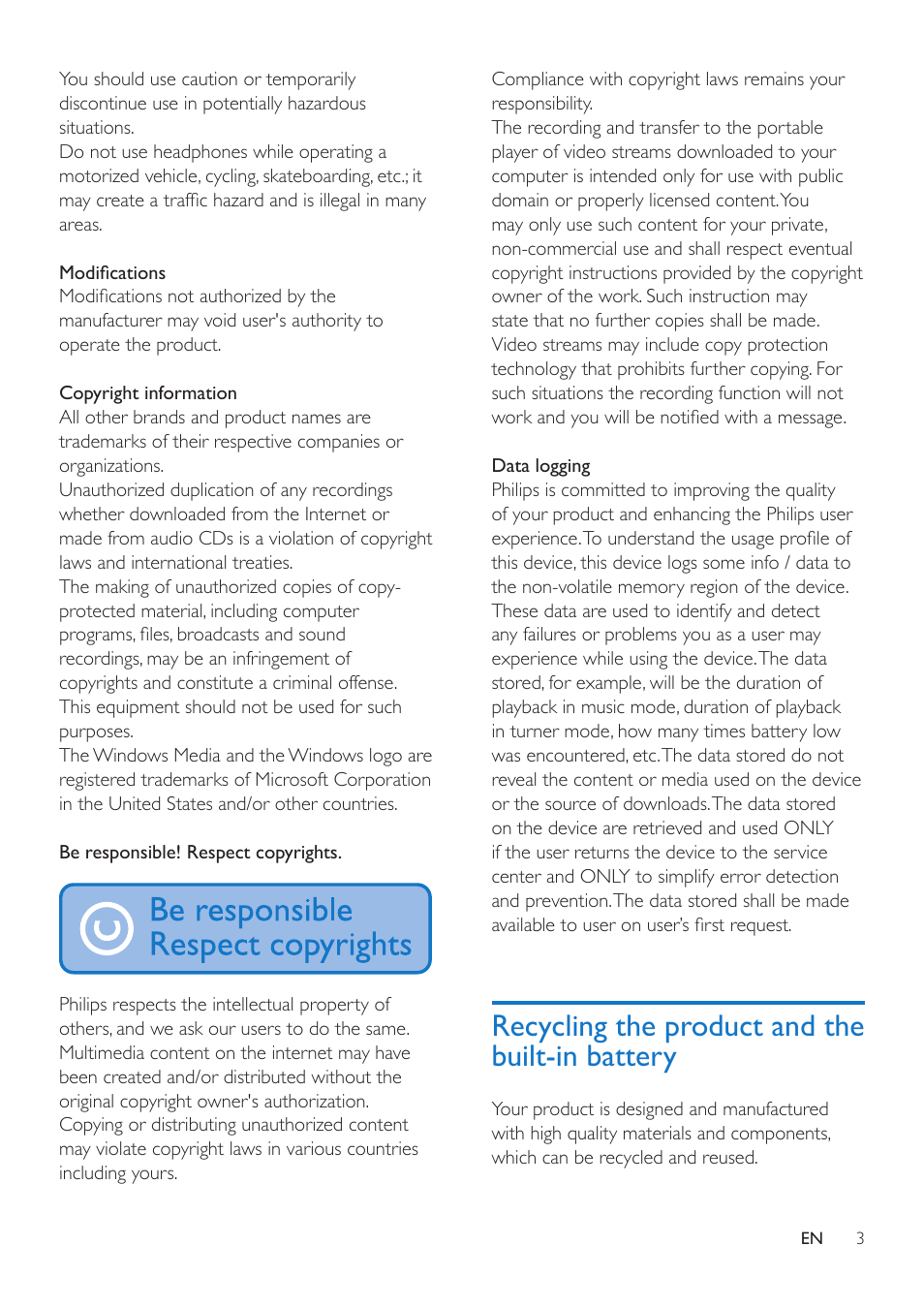 Recycling the product and the built-in battery | Philips SA5DOT04ONS-37 User Manual | Page 5 / 16