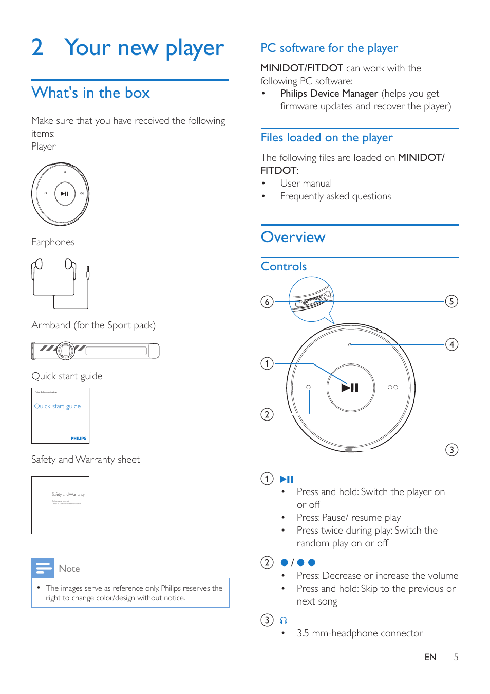 2 your new player, What's in the box, Pc software for the player | Files loaded on the player, Overview, Controls | Philips SA5DOT04ONS-37 User Manual | Page 7 / 16