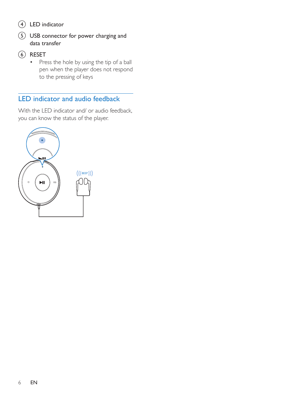 Led indicator and audio feedback | Philips SA5DOT04ONS-37 User Manual | Page 8 / 16