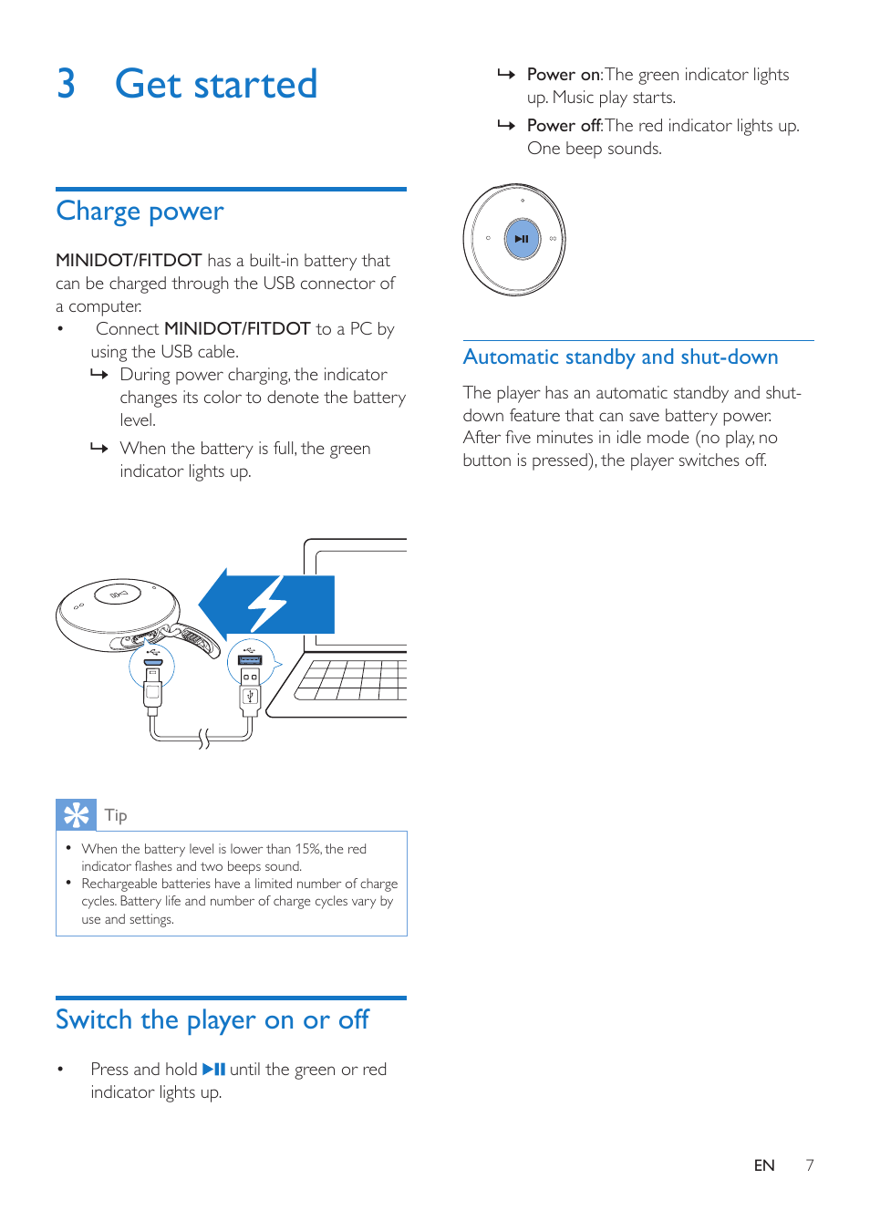 3 get started, Charge power, Switch the player on or off | Automatic standby and shut-down | Philips SA5DOT04ONS-37 User Manual | Page 9 / 16