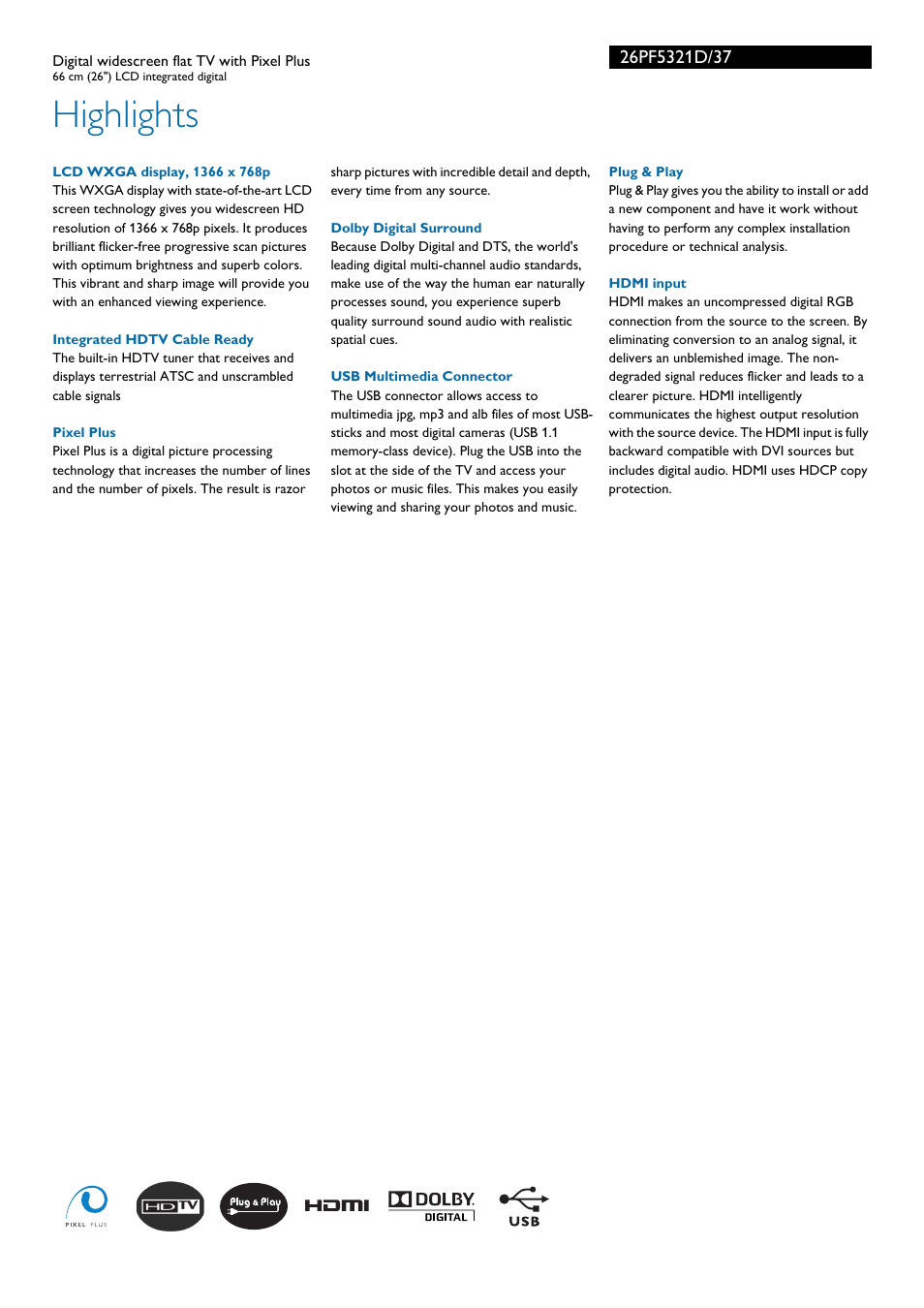 Highlights | Philips 26PF5321D-37 User Manual | Page 2 / 3