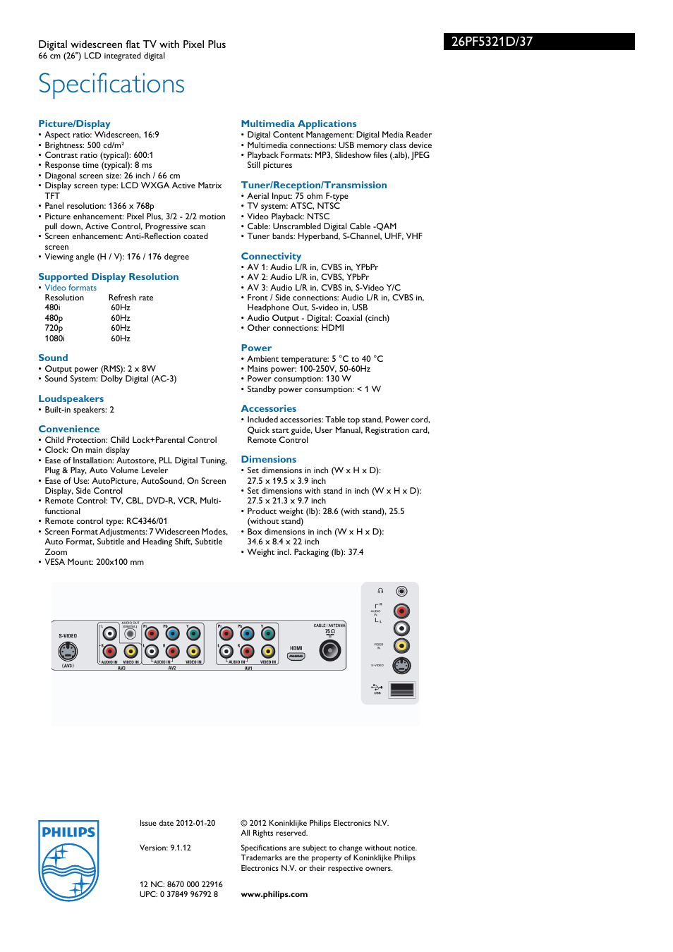 Specifications | Philips 26PF5321D-37 User Manual | Page 3 / 3