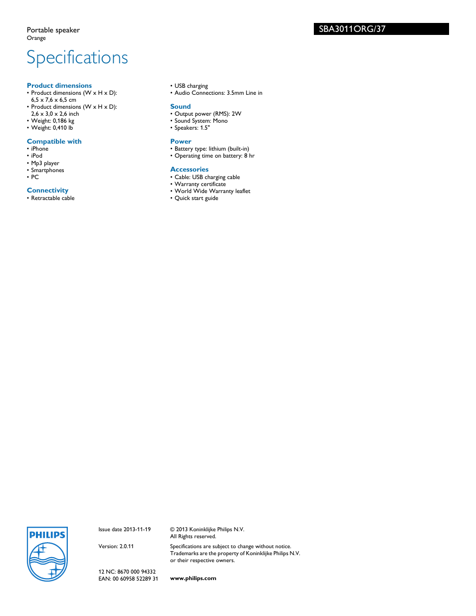 Specifications | Philips SBA3011ORG-37 User Manual | Page 2 / 2