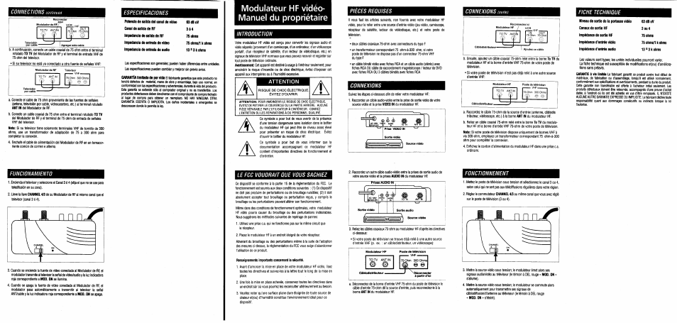 Modulateur hf vidéo- manuel du propriétaire, Connections, Funcionamiento | Especificaciones, Introduction, Le fcc voudrait que vous sachiez, Pieces requises, Connexiqns, Fonctionnement, Fiche technique | Philips SWS2102W-17 User Manual | Page 2 / 2