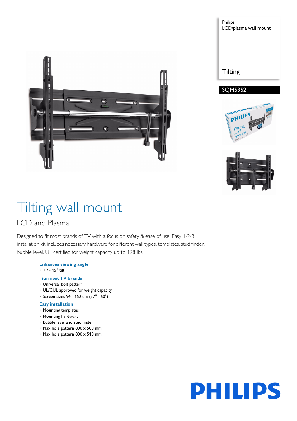 Philips LCD-plasma wall mount SQM5352 Tilting User Manual | 2 pages