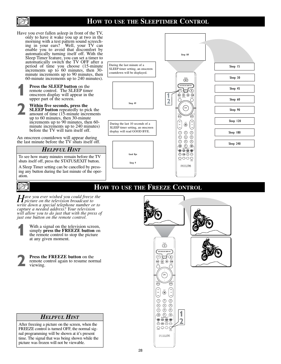 Ow to use the, Leeptimer, Ontrol | Reeze, Elpful | Philips 27PT8302-37 User Manual | Page 28 / 40