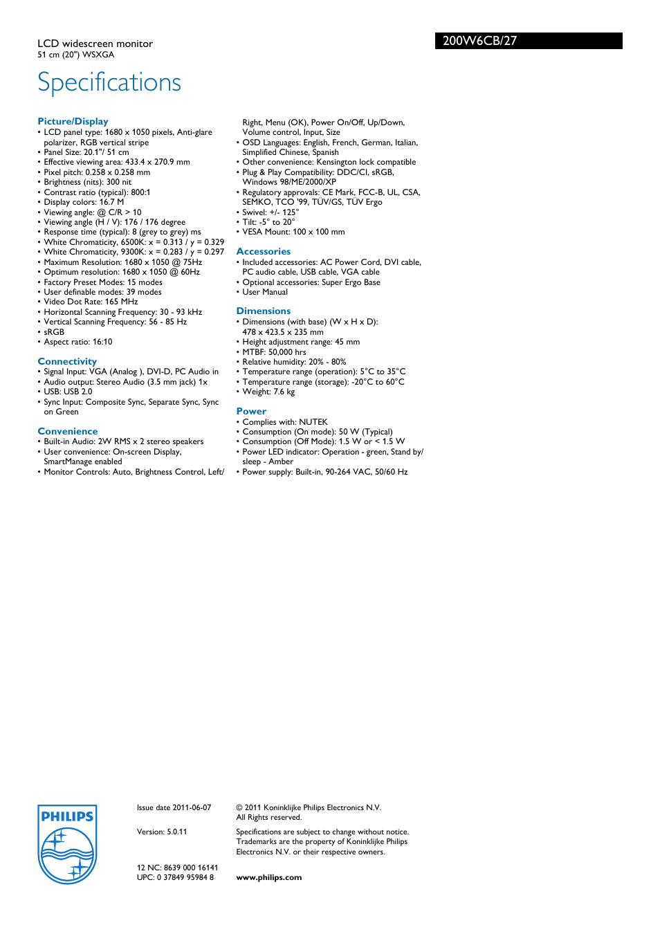 Specifications | Philips 200W6CB-27 User Manual | Page 3 / 3