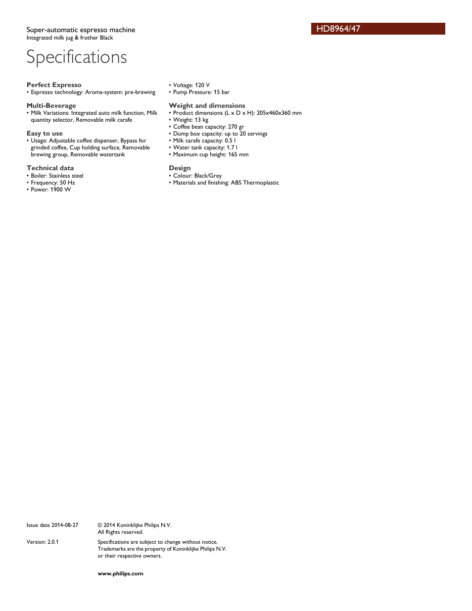 Specifications | Philips HD8964-47 User Manual | Page 3 / 3